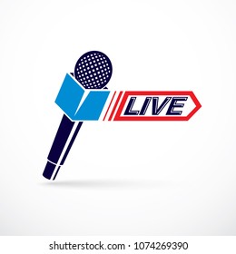 Live reportage conceptual logo, vector illustration created with microphones equipment and live writing.
