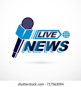 Live Reportage Conceptual Logo, Vector Illustration Created With Microphones Equipment And Live News Writing.