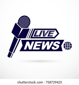 Live reportage conceptual logo, vector illustration created with microphones equipment and live news writing.