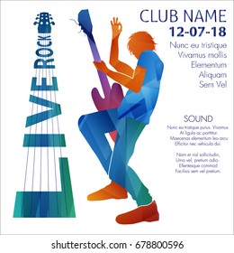 Live rock announcement. Vector illustration of man playing guitar on live rock show announcement.