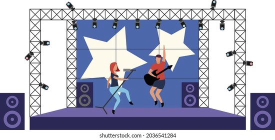 Live rock concert flat concept vector illustration. Rock band performing on stage isolated 2D cartoon characters on white for web design. Outdoor entertainment. Musical ensemble creative idea
