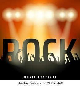 Live rock concert hall scene with music logo.rays of light. silhouette of crowd people raise hand up in concert with smartphone on color background. vector illustration