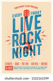 Live-Rock-Nachtparty-Werbepromo und Flyer-Design. Live-Musik-Poster.Vektorgrafik.