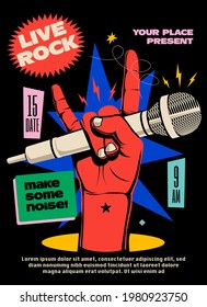 Live rock music show or concert or festival poster or flyer or banner design template with red raised hand with microphone showing devil horns gesture on black background. Vector illustration