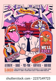 Espectáculo de música rock en vivo o afiche de concierto o festival o plantilla de diseño de volante en estilo retro con empleado de oficina con explosión en su lugar la cabeza y pegatinas de fiesta de rock vintage. Ilustración del vector