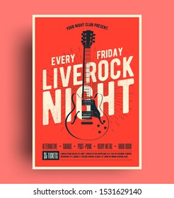 Live Rock Night Poster. Live music promotion flyer design template with black guitar silhouette on red background, poster for you live music event or concert promotion. Vector illustration.