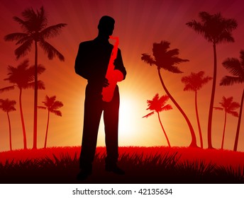 live saxophone performer on tropical red background