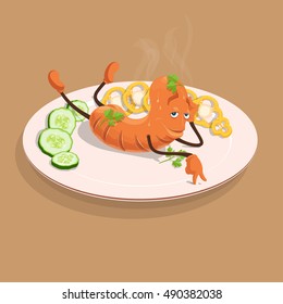 Live seductive appetizing sausage with garnish on a plate, Vector illustration in flat, cartoon style isolated from the background, EPS 10