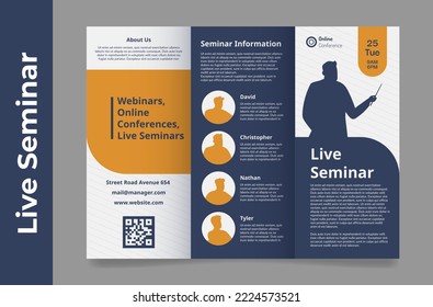Live seminar advertising folded paper brochure template realistic vector illustration. Webinar online conference education course event announcement promo presentation public speaker performance