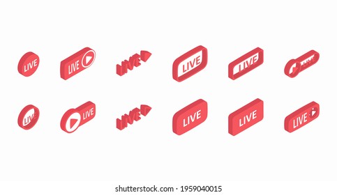 Live set icon. Set of pink isometric buttons for blogging, live streaming, video content design. Vector illustration 