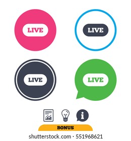 Live sign icon. On air stream symbol. Report document, information sign and light bulb icons. Vector