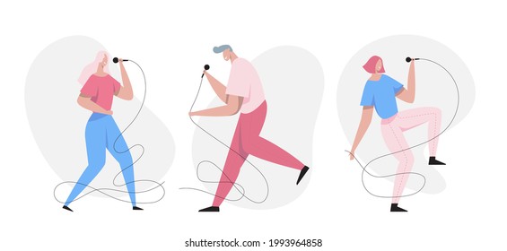 Live singing contest party. People singing song together with microphones in contest. karaoke party, contest, competition, festival, live performance. flat vector illustration