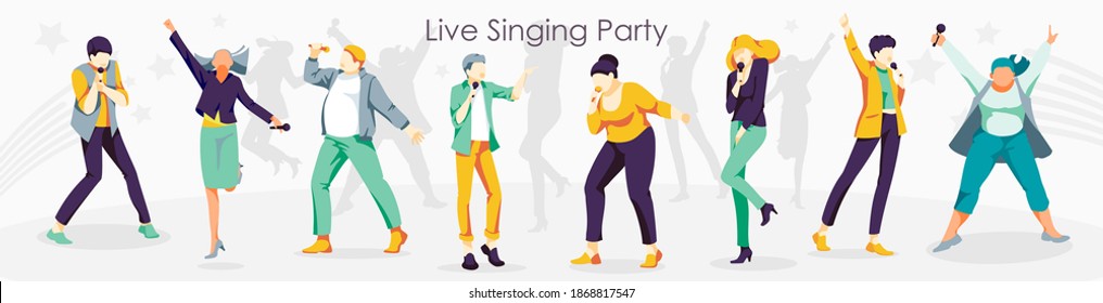 Live singing party. People singing song together with microphones. karaoke party, contest, competition, festival, live performance flat vector illustration