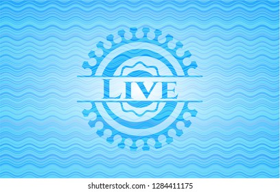 Live sky blue water wave badge background.