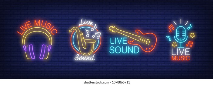 Live sound music neon signs collection. Neon sign, night bright advertisement, colorful signboard, light banner. Vector illustration in neon style.