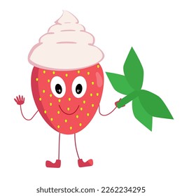 Live strawberry berry with whipped cream on the head. The concept of serving the composition of the strawberry-cream product