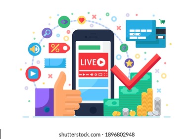 Live stream about finance concept flat icon. Business online broadcast idea podcast. Broadcast training to increase income on smartphone. Vector isolated flat illustrations