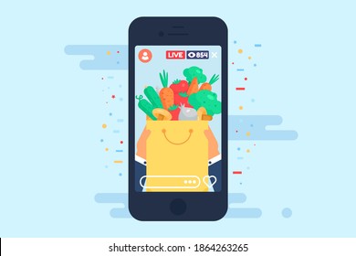 Live stream about healthy food concept illustration. Online shopping streaming on smartphone screen. Vector isolated color drawing on blue background