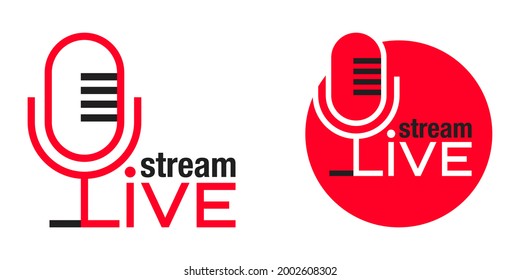 Live stream announcement or logo template - word integrated in microphone silhouette - creative vector design. Retro mic logotype. Vector illustration