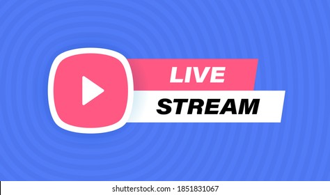 Live stream badge design with play button isolated on geometric background in blue colors. Modern flat style vector illustration.