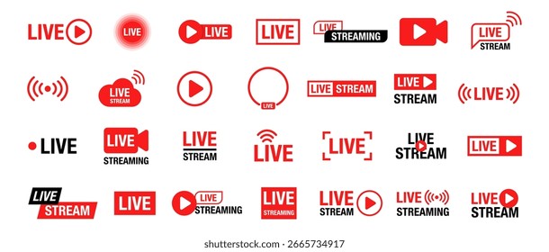 Video Insignias de transmisión en vivo y etiquetas de transmisión – Conjunto de iconos rojos