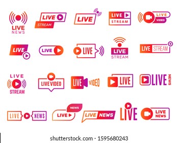 Live stream badges. Video broadcasting shows digital online text templates live news vector stickers collection