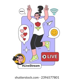 Live stream. Blogger on social media live. Online video clip or short video. Entertaining and engaging content. Flat vector illustration