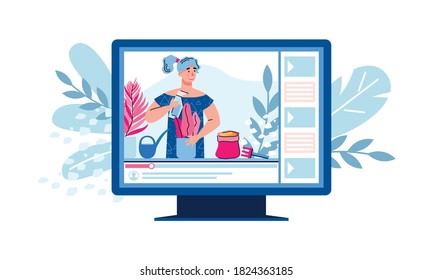 Live stream with blogger teaching subscribers how to care for plants, cartoon vector illustration isolated on white background. Computer with vlogger shoots a tutorial.