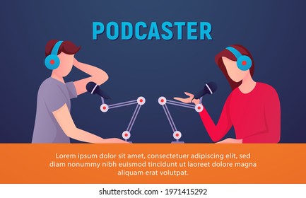Live stream broadcast flat vector illustration. Collaboration of men and women. Vloggers cartoon character. Interviews, podcasts, studio video recordings.