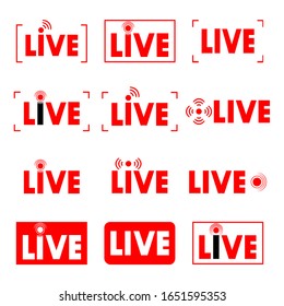 Live stream. Live broadcast. Video. Set of online streaming icons. Red symbols and buttons of live streaming, broadcasting, online stream. Template for tv, shows, movies and  performances in live time