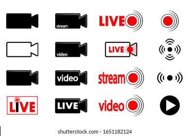 Live stream. Live broadcast. Video. Vector set of tech online video sign icon. Video camera with the text: live, video stream. Illustration of a camcorder sign in flat minimalism style. Vector