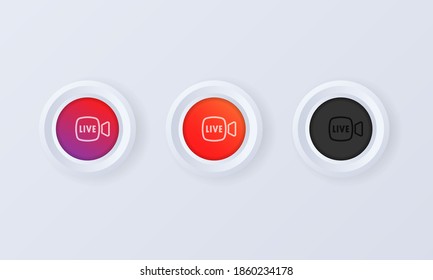 Live stream button in 3d style. Live button, icon in social media concept. Layout web button live streaming. Live symbol, badge, sign, label, sticker template. Vector illustration. EPS10