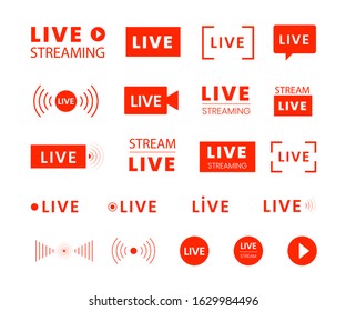 Live stream button icons. Set of red symbols live broadcasting and online news video streaming. Vector banner illustration for shows, movies, tv, blogging