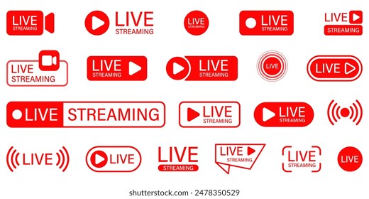 Live stream button set. Live icon set.