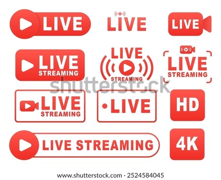 Live stream button set. Live icon set. Red social media live streaming full hd 3d icon design isolated on background. Social media. Vector illustration