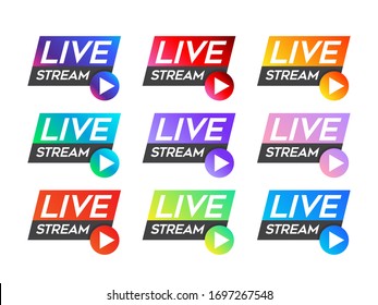 Live Stream Button Set, Live TV Logo. Colorful gradient vector with play icon for news, sports, TV series, broadcast.