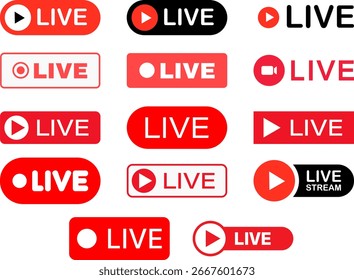 Botón Video de transmisión en vivo con iconos de reproducción | Insignias rojas de transmisión para redes sociales, transmisión y marketing en línea
