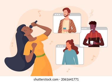 Live stream concept. Girl sings, and subscribers watching live. Internet, modern technologies. Blogger, broadcast, content, online. Cartoon flat vector illustration isolated on beige background