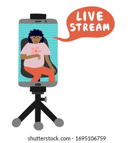 Live Stream Concept. Mobile Phone In Tripod. Afro Woman In Casual Clothes On Smartphone Display. Online Webinar. Video Chat. Web Seminar. Distance Communication. Quarantine. Vector Illustration.