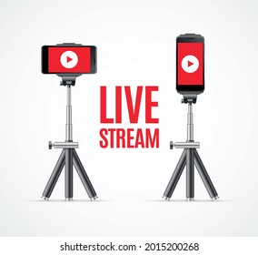 Live Stream Concept with Realistic Detailed 3d Mobile Phone on Tripod Symbol of Vlogging. Vector illustration