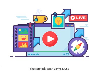 Live stream creative idea concept icon. Creating material for online broadcasting semi flat illustration. Modern cover design. Vector isolated color drawing