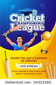 Live Stream Cricket Championship League poster or flyer design. Illustration of batsman in winning pose on yellow and blue color background.