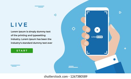 Live Stream Design Concept with Businessman Hand Holding a Smartphone with Video on Screen, Button, Headline and Text Place. Suitable for Web banner, Infographics, Flat Vector illustration 