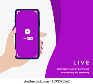 Live Stream Design Concept in Purple Color with Woman Hand Holding a Smartphone with Live Video on Screen, Headline and Text Place. Suitable for Web banner, Infographics, Flat Vector Illustration 