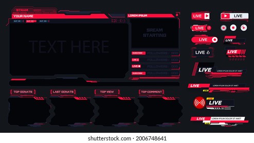 Live stream. Digital frame technology UI,UX Futuristic HUD Virtual Interface. A design template for a set of frames, buttons, overlay cursors for game streaming. Futuristic info boxes layout templates