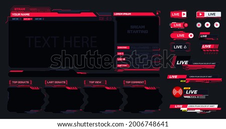 Live stream. Digital frame technology UI,UX Futuristic HUD Virtual Interface. A design template for a set of frames, buttons, overlay cursors for game streaming. Futuristic info boxes layout templates