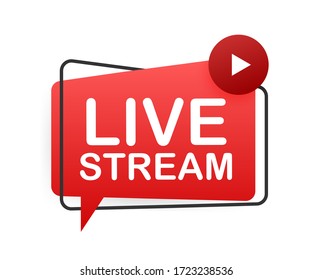 Live stream flat logo - red vector design element with play button. Vector illustration.