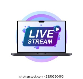 Live stream icon. Flat, purple, live stream sign, ether icon, live stream on laptop. Vector illustration