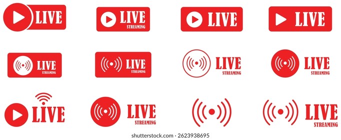 Ícones de transmissão ao vivo em vermelho conjunto de símbolos de transmissão com botão de reprodução e sinal sem fio isolado no fundo branco. Botões vermelhos para transmissão online. Ícones de transmissão ao vivo do botão Reproduzir