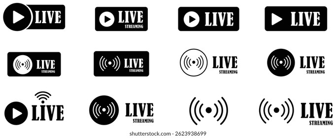 Colección de señal de transmisión en vivo en color negro sobre el fondo blanco. Firme para las transmisiones de las redes sociales. Signo digital para la transmisión de Web. Reproduce Botón para transmisión en vivo. Ilustración vectorial